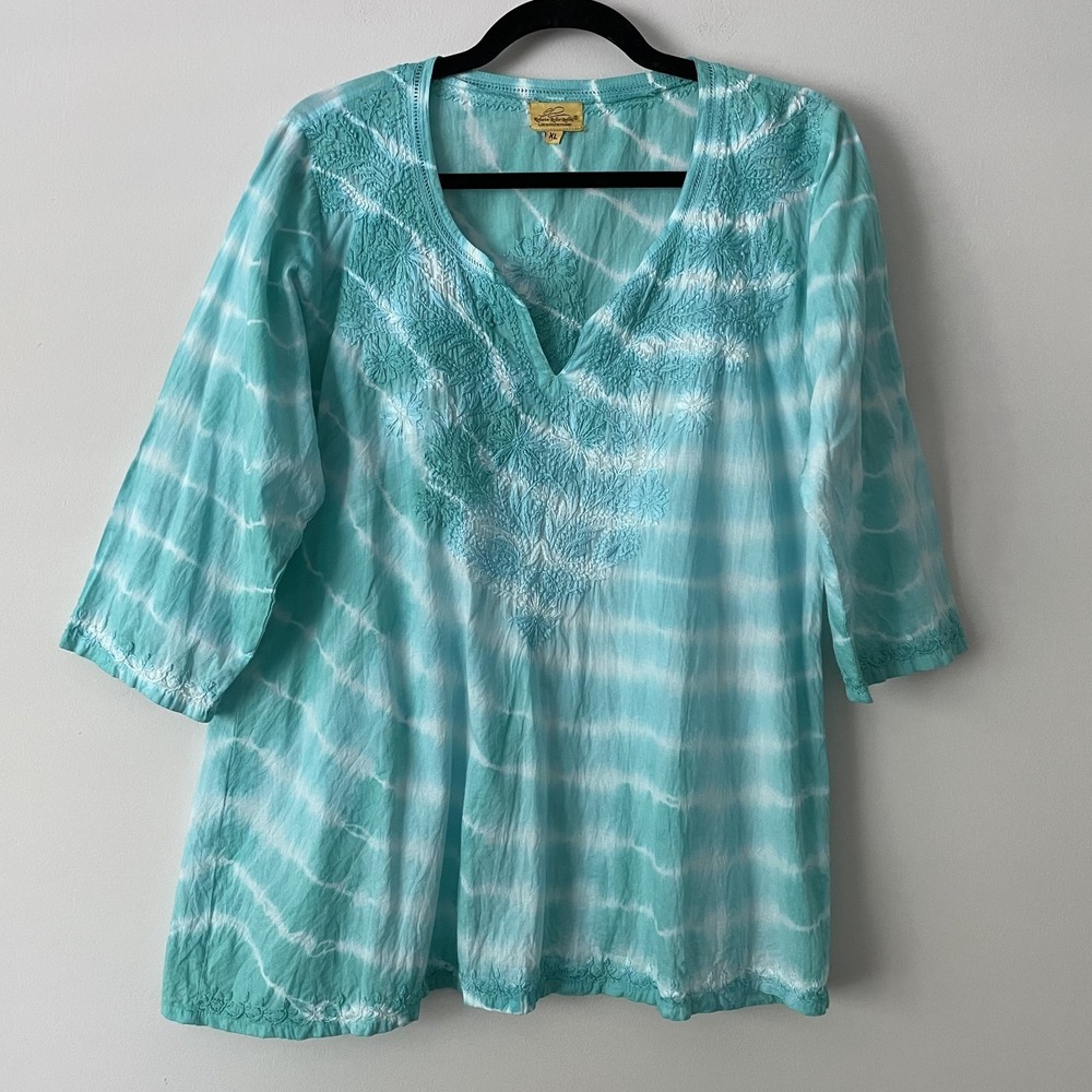 Roberta Roller Rabbit Embroidered Tie Dye Cotton Tunic Top XL Boho Resort Beachy